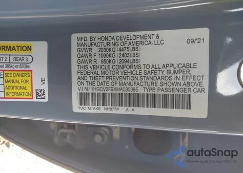 2021 Honda Accord Touring z USA, uszkodzony, nr VIN 1HGCV2F9XMA030365